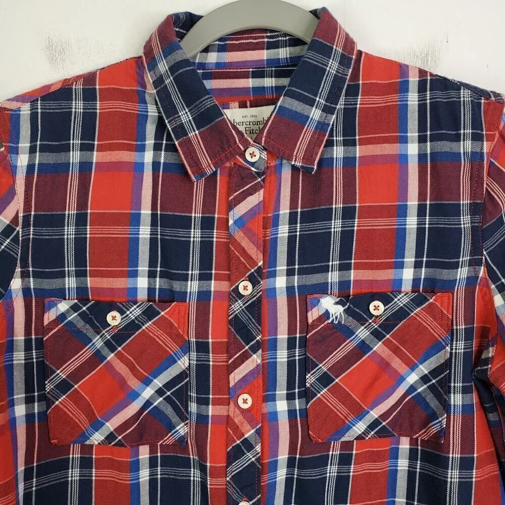 Abercrombie Fitch Button Down Shirt Plaid Mens M Red Blue Y2K Preppy Preppy